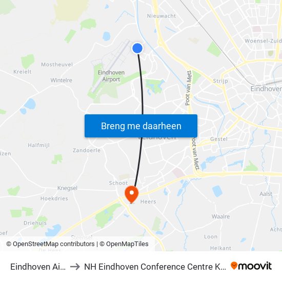 Eindhoven Airport EIN to NH Eindhoven Conference Centre Koningshof Veldhoven map