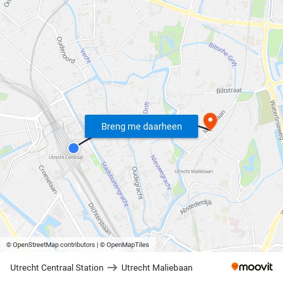 Utrecht Centraal Station to Utrecht Maliebaan map