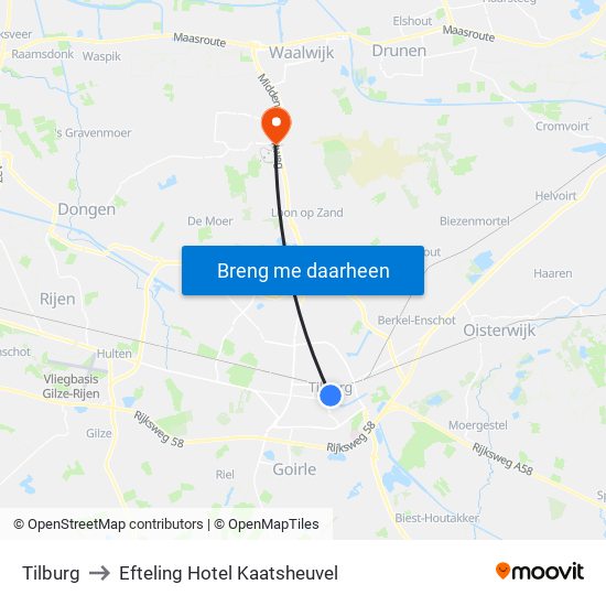 Tilburg to Efteling Hotel Kaatsheuvel map