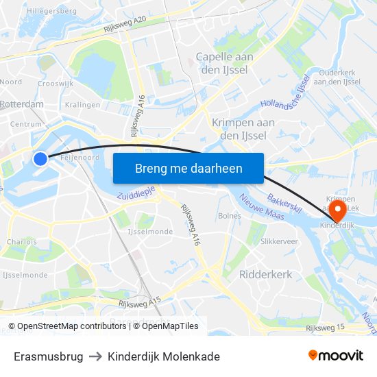 Erasmusbrug to Kinderdijk Molenkade map