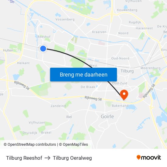 Tilburg Reeshof to Tilburg Oeralweg map