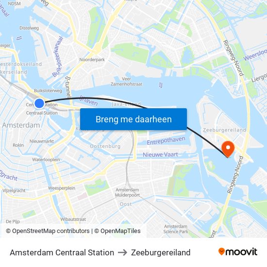 Amsterdam Centraal Station to Zeeburgereiland map