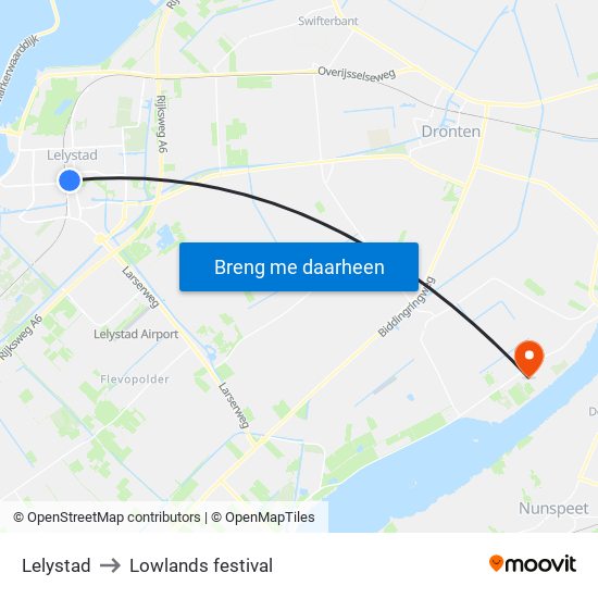 Lelystad to Lowlands festival map