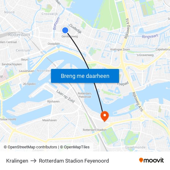 Kralingen to Rotterdam Stadion Feyenoord map
