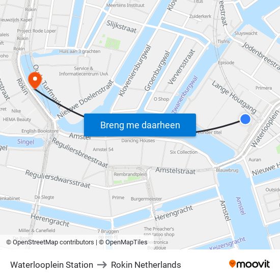 Waterlooplein Station to Rokin Netherlands map