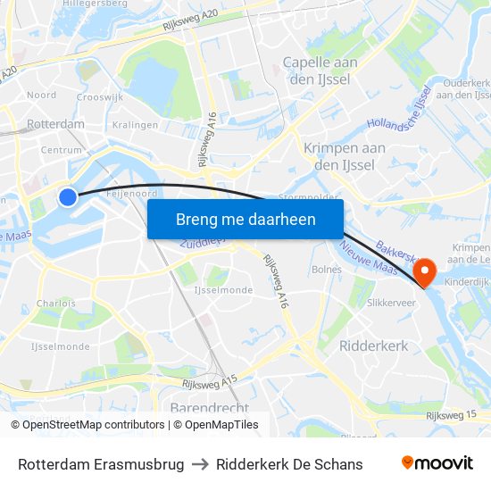 Rotterdam Erasmusbrug to Ridderkerk De Schans map