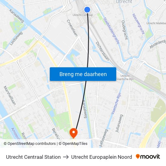 Utrecht Centraal Station to Utrecht Europaplein Noord map