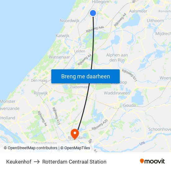 Keukenhof to Rotterdam Centraal Station map