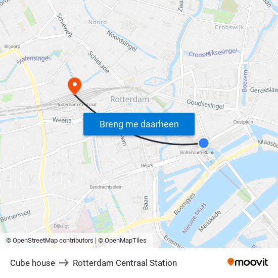 Cube house to Rotterdam Centraal Station map