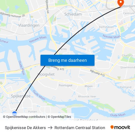 Spijkenisse De Akkers to Rotterdam Centraal Station map