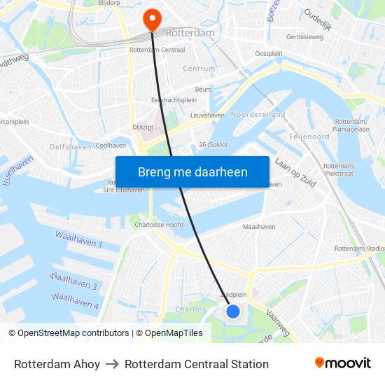 Rotterdam Ahoy to Rotterdam Centraal Station map