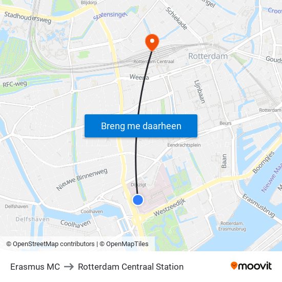 Erasmus MC to Rotterdam Centraal Station map