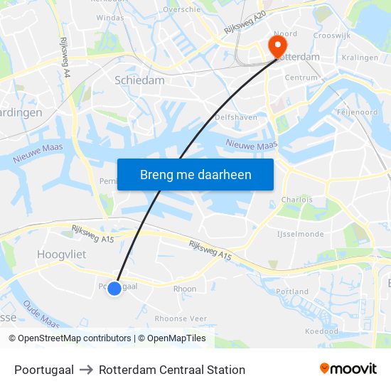 Poortugaal to Rotterdam Centraal Station map