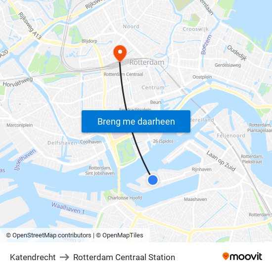 Katendrecht to Rotterdam Centraal Station map