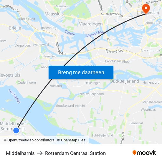 Middelharnis to Rotterdam Centraal Station map