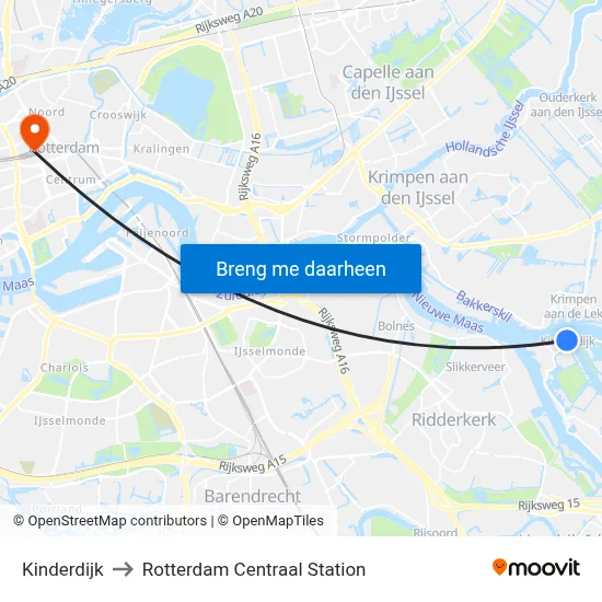 Kinderdijk to Rotterdam Centraal Station map