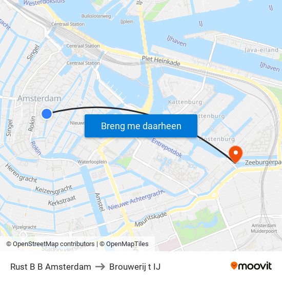 Rust B B Amsterdam to Brouwerij t IJ map