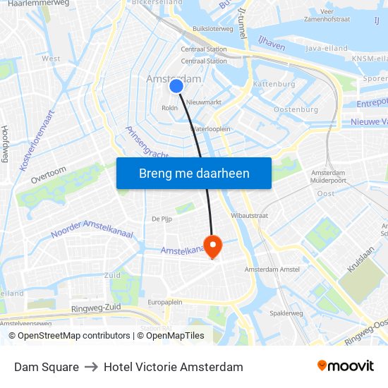 Dam Square to Hotel Victorie Amsterdam map