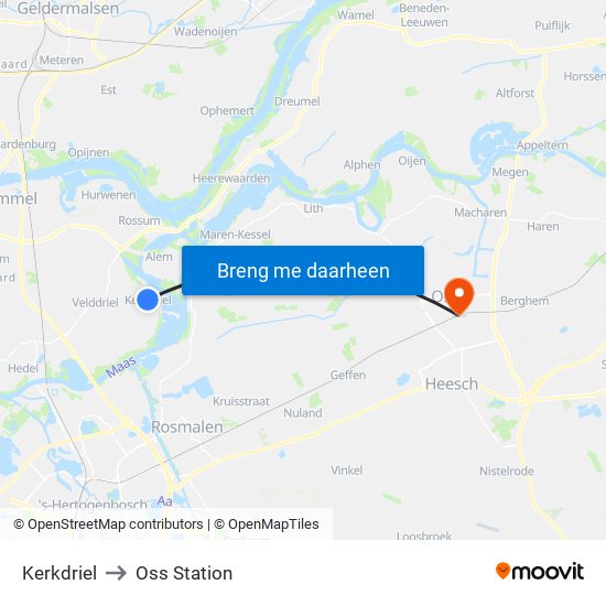 Kerkdriel to Oss Station map