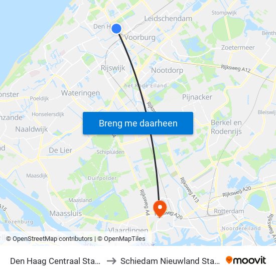 Den Haag Centraal Station to Schiedam Nieuwland Station map