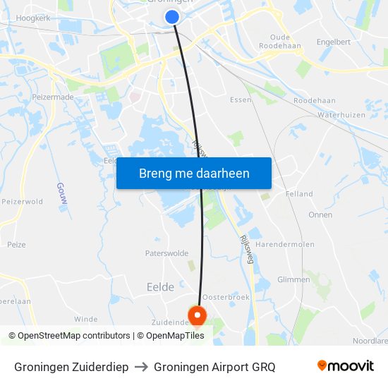 Groningen Zuiderdiep to Groningen Airport GRQ map
