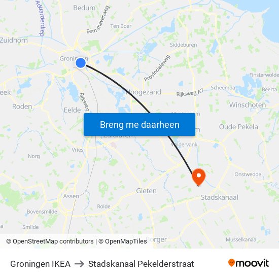Groningen IKEA to Stadskanaal Pekelderstraat map