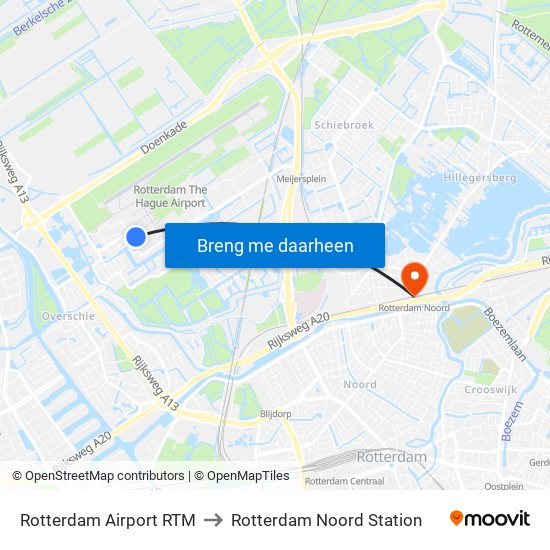 Rotterdam Airport RTM to Rotterdam Noord Station map