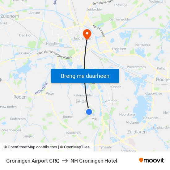 Groningen Airport GRQ to NH Groningen Hotel map