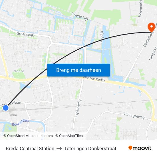 Breda Centraal Station to Teteringen Donkerstraat map