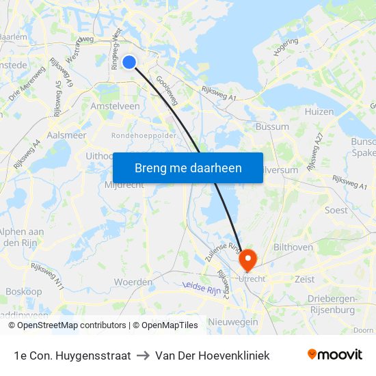1e Con. Huygensstraat to Van Der Hoevenkliniek map