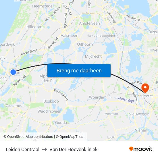 Leiden Centraal to Van Der Hoevenkliniek map