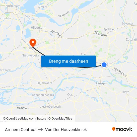Arnhem Centraal to Van Der Hoevenkliniek map