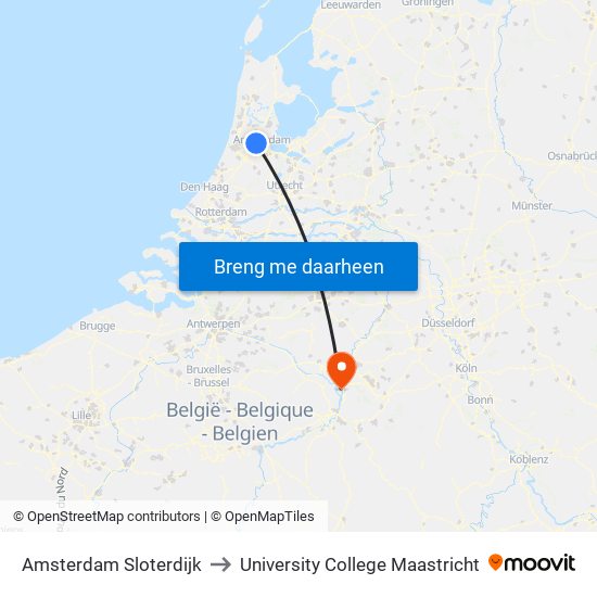 Amsterdam Sloterdijk to University College Maastricht map