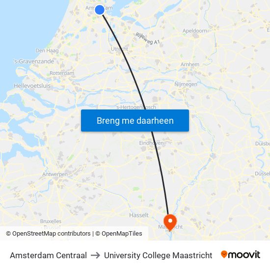 Amsterdam Centraal to University College Maastricht map
