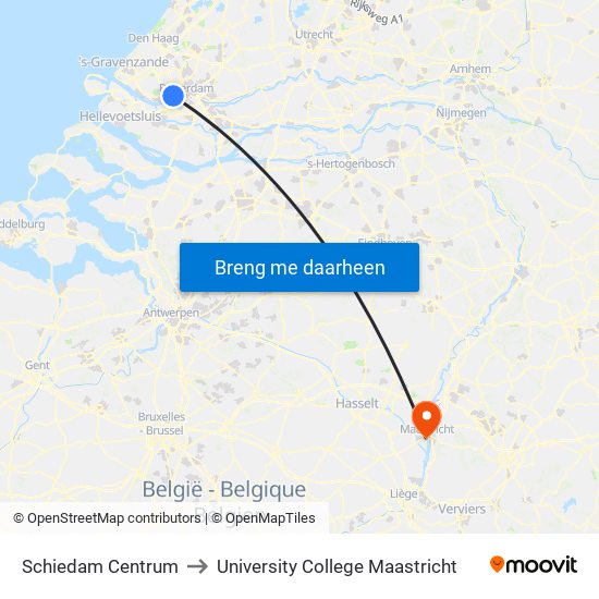 Schiedam Centrum to University College Maastricht map
