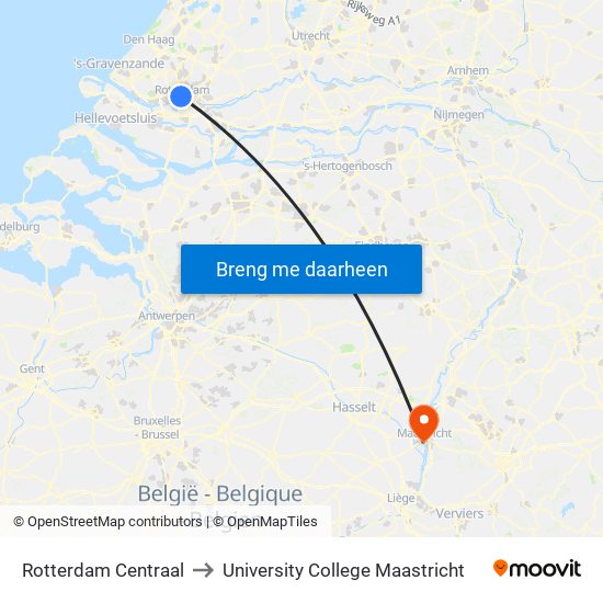 Rotterdam Centraal to University College Maastricht map