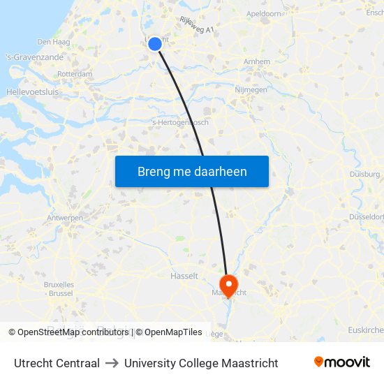 Utrecht Centraal to University College Maastricht map