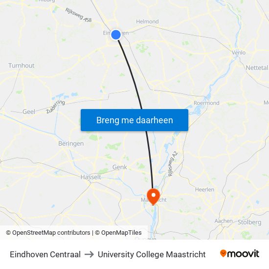 Eindhoven Centraal to University College Maastricht map