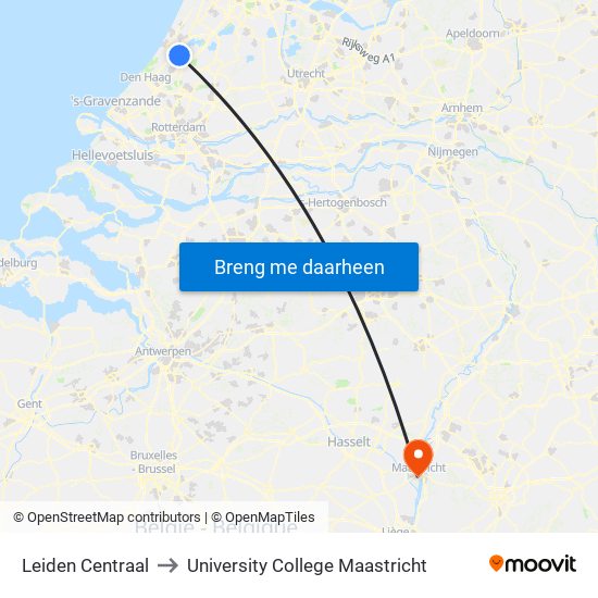 Leiden Centraal to University College Maastricht map