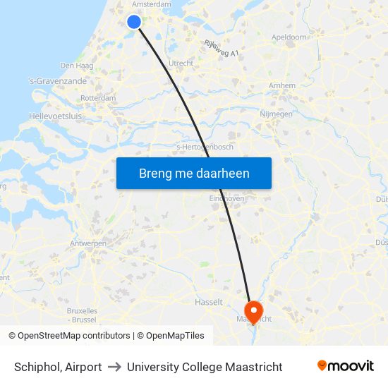 Schiphol, Airport to University College Maastricht map