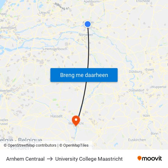 Arnhem Centraal to University College Maastricht map