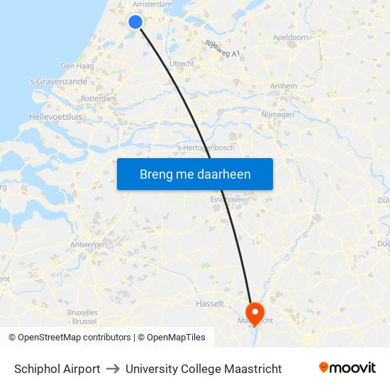Schiphol Airport to University College Maastricht map