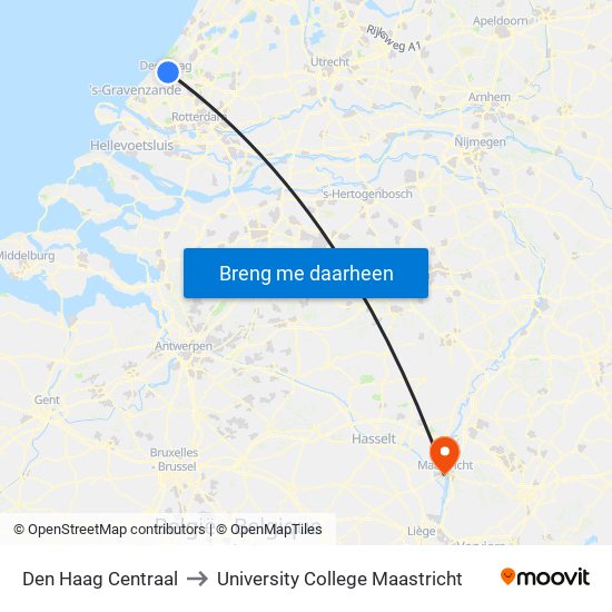 Den Haag Centraal to University College Maastricht map