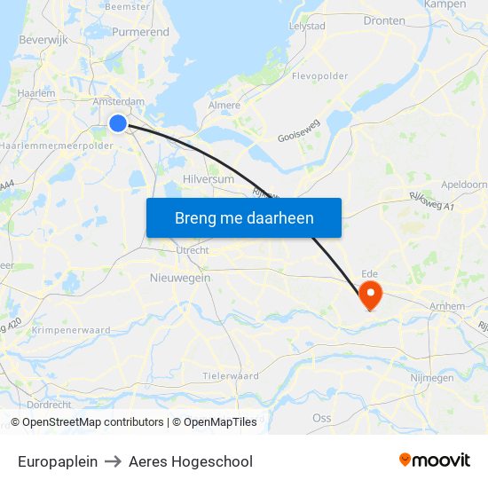 Europaplein to Aeres Hogeschool map