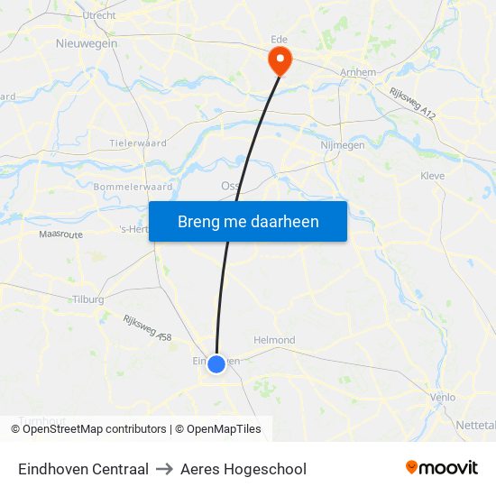 Eindhoven Centraal to Aeres Hogeschool map