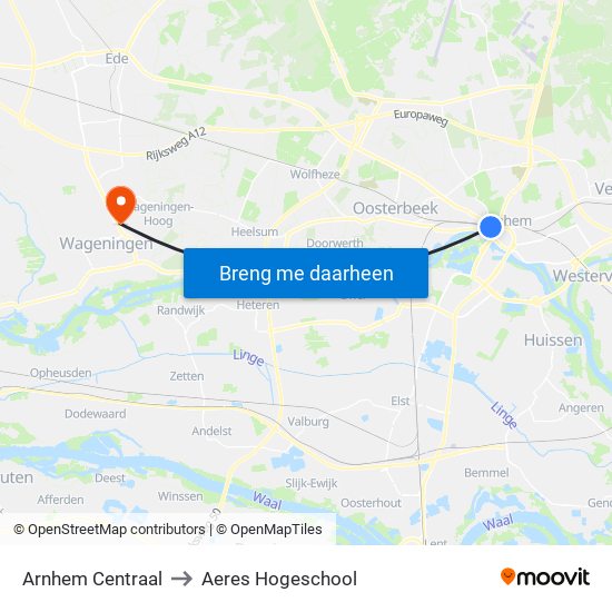 Arnhem Centraal to Aeres Hogeschool map