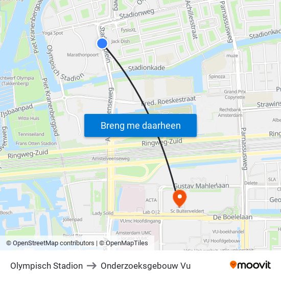 Olympisch Stadion to Onderzoeksgebouw Vu map