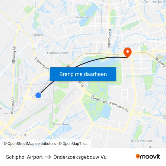 Schiphol Airport to Onderzoeksgebouw Vu map