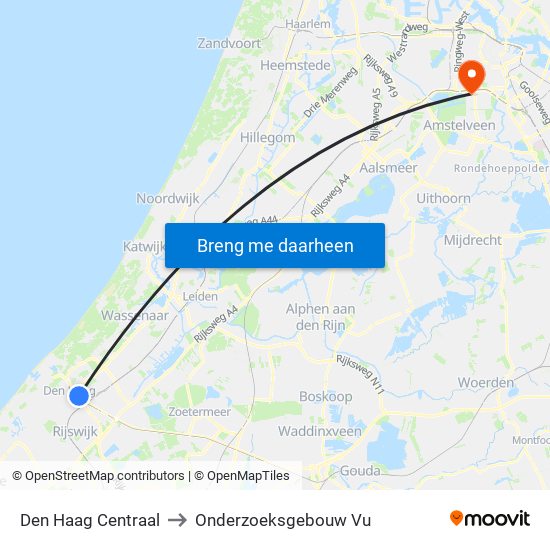 Den Haag Centraal to Onderzoeksgebouw Vu map