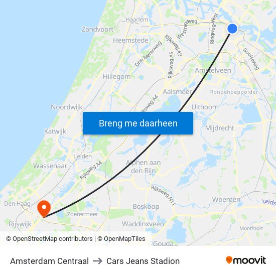 Amsterdam Centraal to Cars Jeans Stadion map